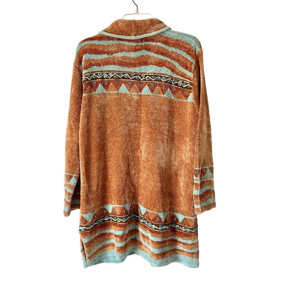 Sweater Sweater Chenille Cardigan Sweater Western Boho Navajo Tan Turquoise - Picture 5 of 9